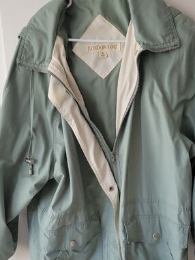 London Fog Sage Green Hooded Lightweight Utility Jacket with Cream Trim
